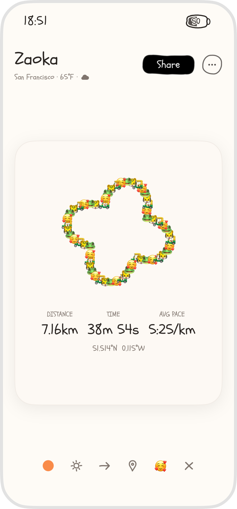 ZaoKa run card with an emoji route